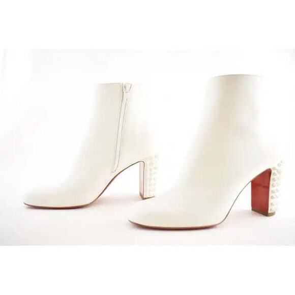 Christian Louboutin Suzi Folk 85 White Snow Leather Spike Ankle Heel Bootie 35 - Picture 9 of 10